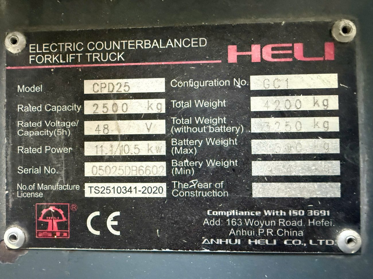 Tem xe nâng điện Heli CPD25 2.5 tấn hệ 48V